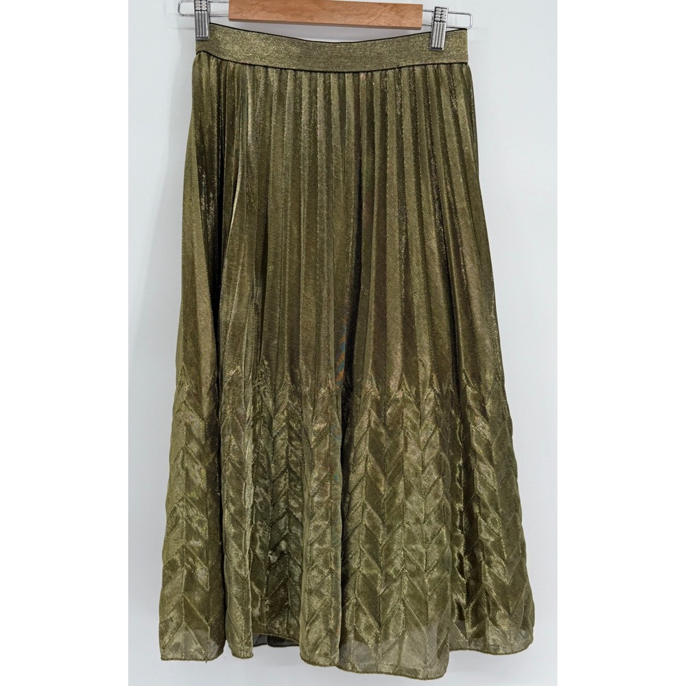 WD.NY Gold Metallic‎ Pleated Midi Skirt Chevron Hem Elastic Waist Womens Sz S